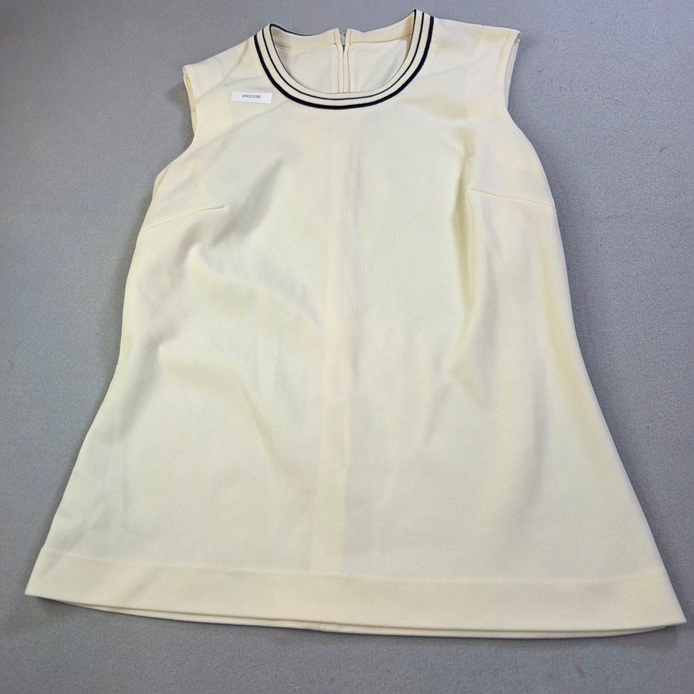 Vintage Cream Sleeveless Knit Top Navy Striped Trim Mod Sporty Tank